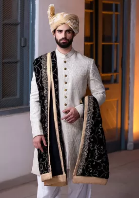 Classic Silver Karandi Traditional plain Sherwani