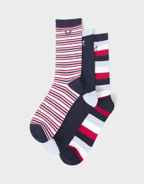 Crew Clothing - 3 Pack Bamboo Socks - Navy Red Stripes