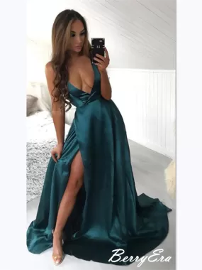 Dark Green Deep V neck Prom Dresses, Simple Sexy Design Prom Dresses