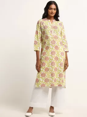 Utsa Green Floral Print Cotton Kurta